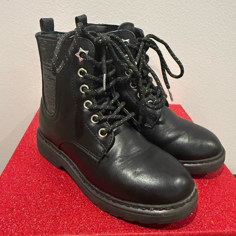 Black Combat Boots with Gold Flecked Laces girls 12